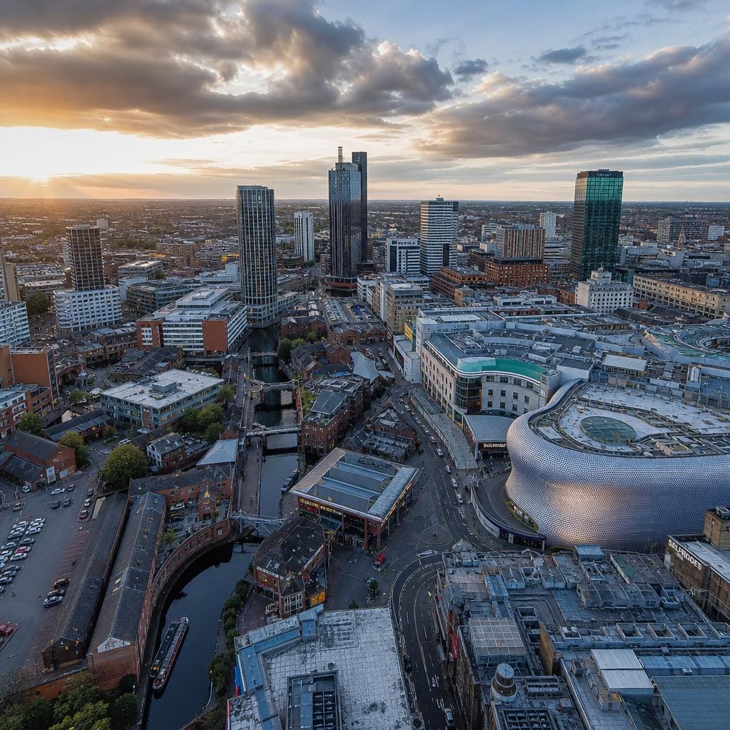 Birmingham city centre skyline at evening