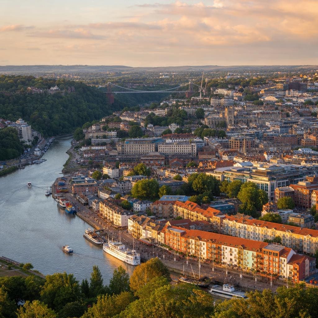 Bristol city aerial with Clifton Suspension Bridge