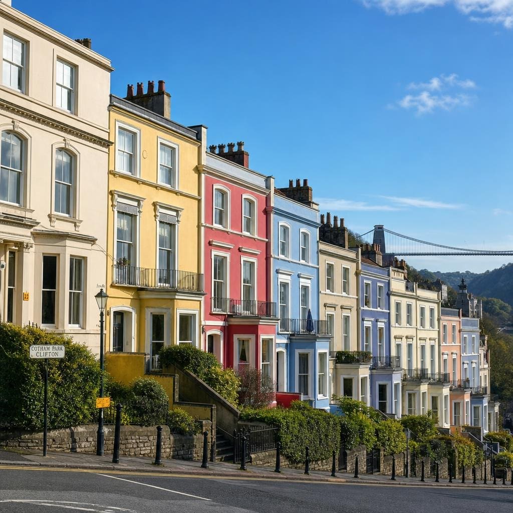 Colourful Victorian terraced houses on a hill in Clifton, Bristol