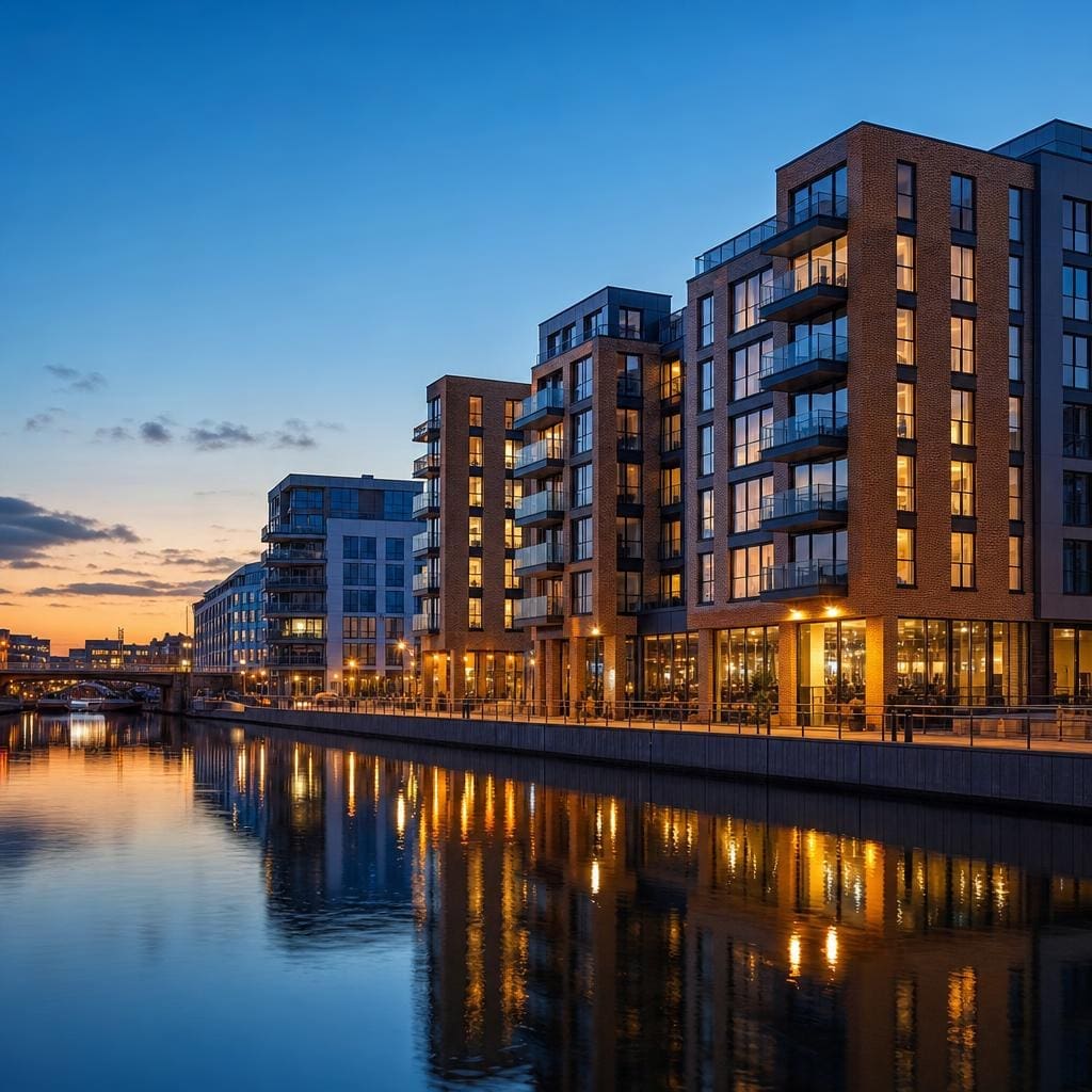 Leeds waterfront and River Aire at dusk