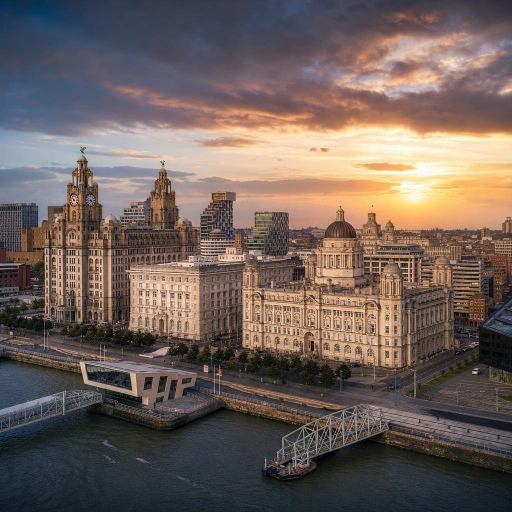 Liverpool waterfront with the Three Graces at dusk