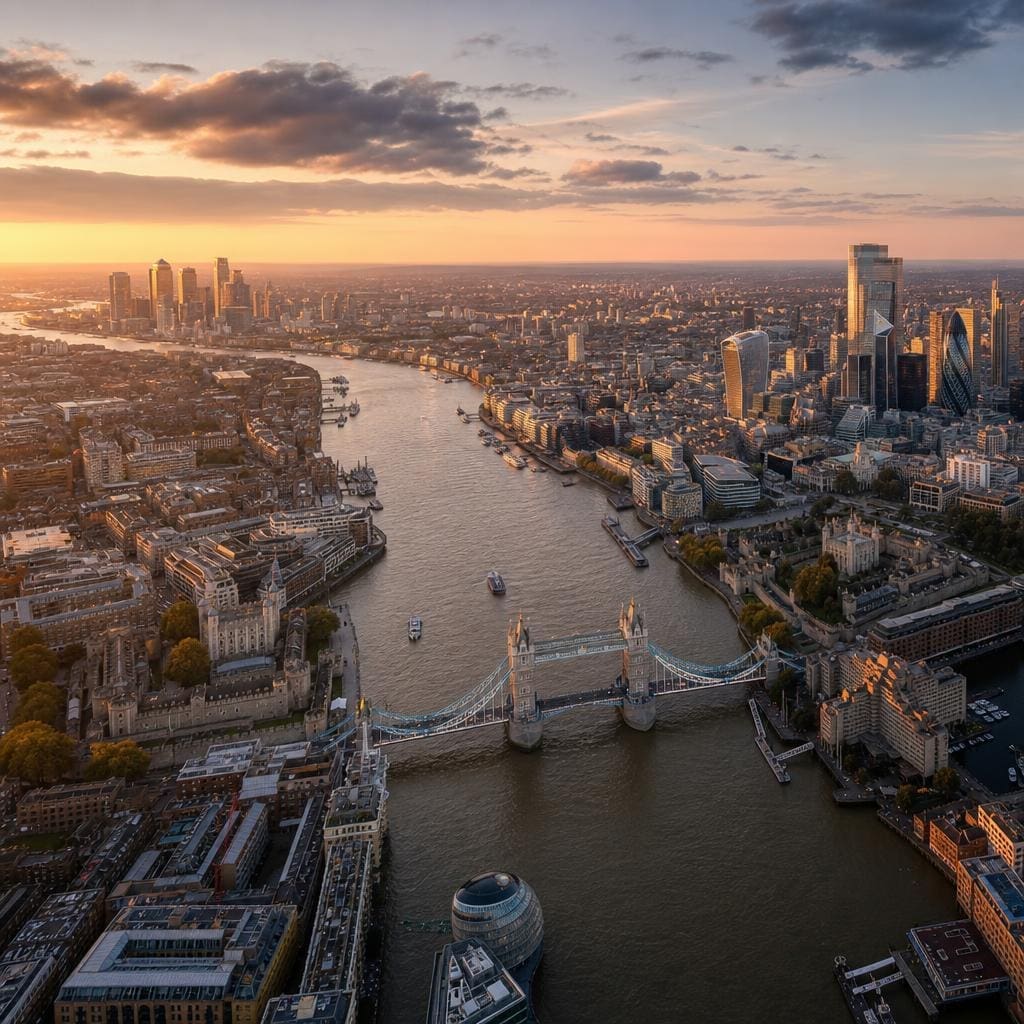 London skyline aerial with Tower Bridge and Thames