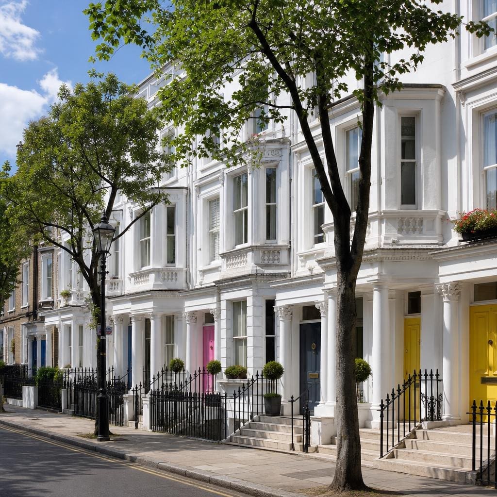 White stucco Georgian townhouses in Notting Hill, London