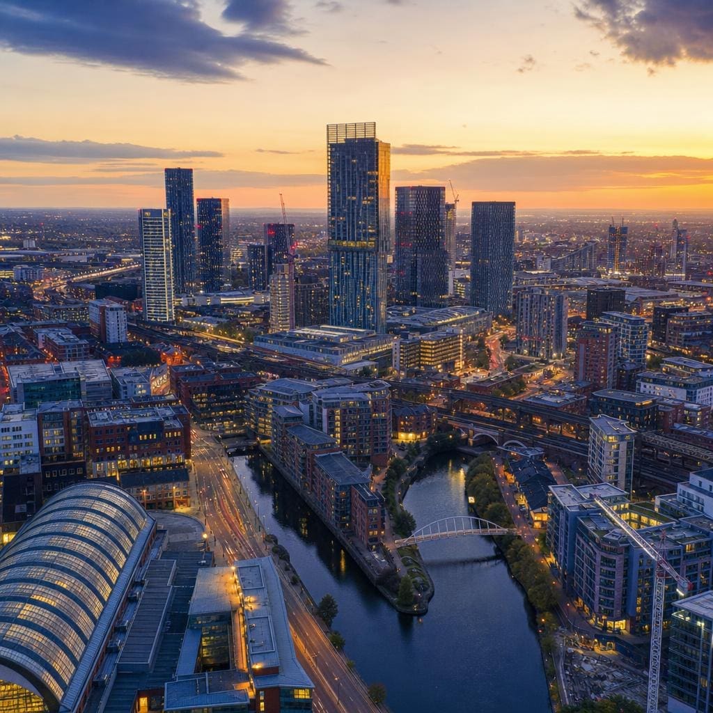 Manchester city centre skyline at dusk