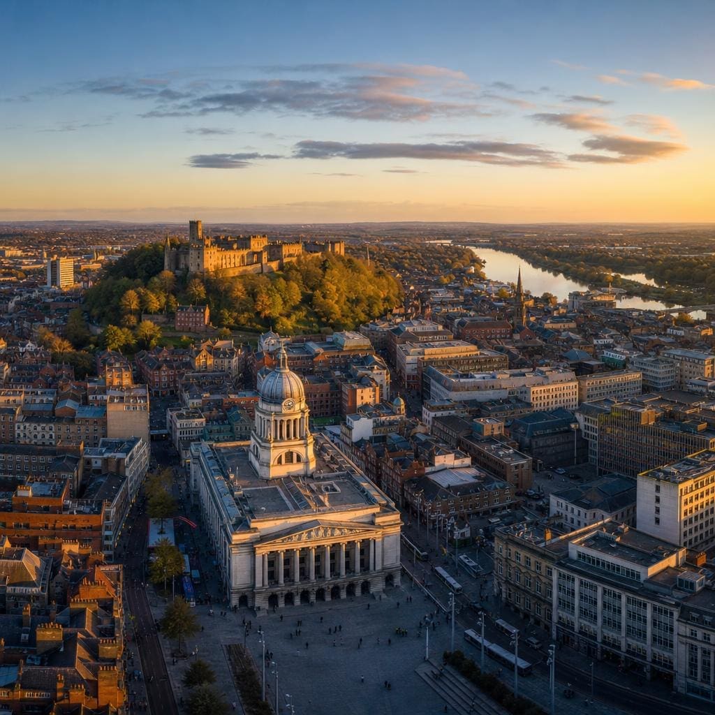 Nottingham city centre skyline with Nottingham Castle