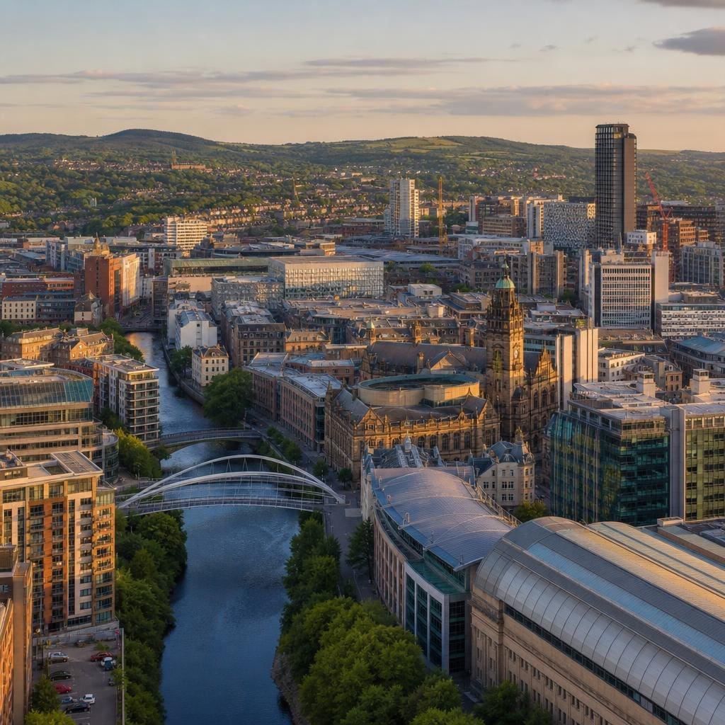 Sheffield city centre skyline with green hills behind