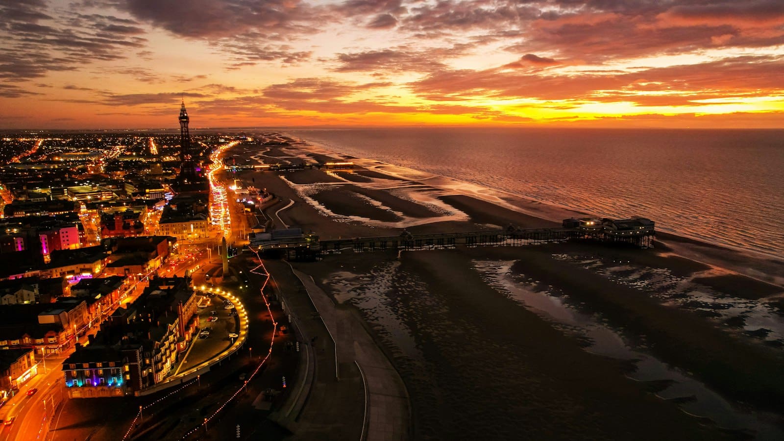 Aerial view of Blackpool seafront and town at sunset