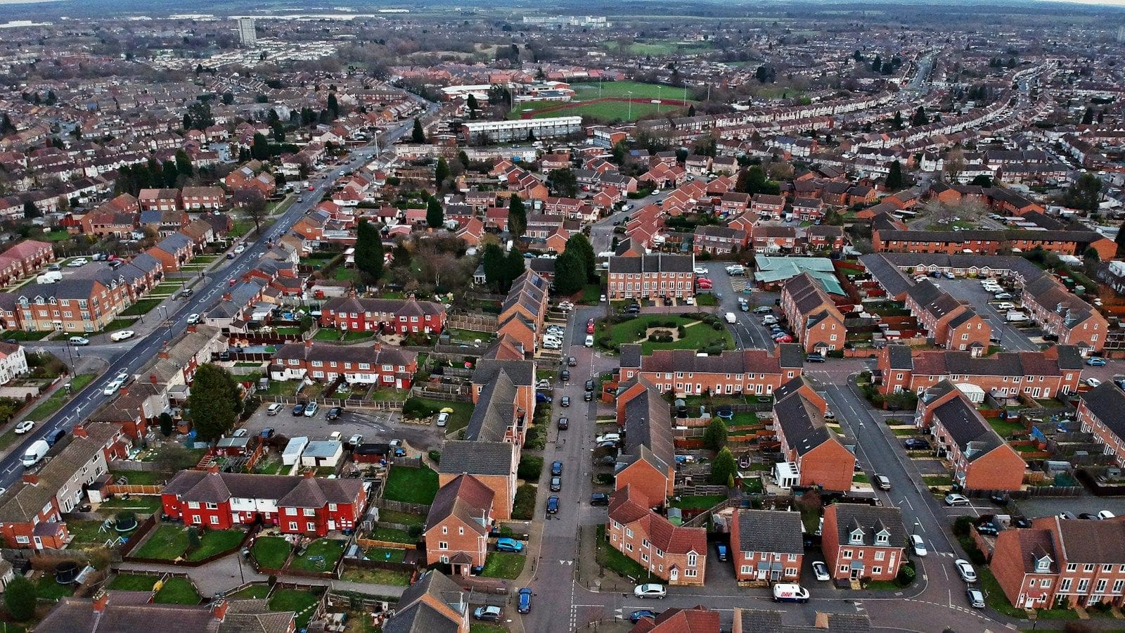Aerial view of houses and streets in Coventry