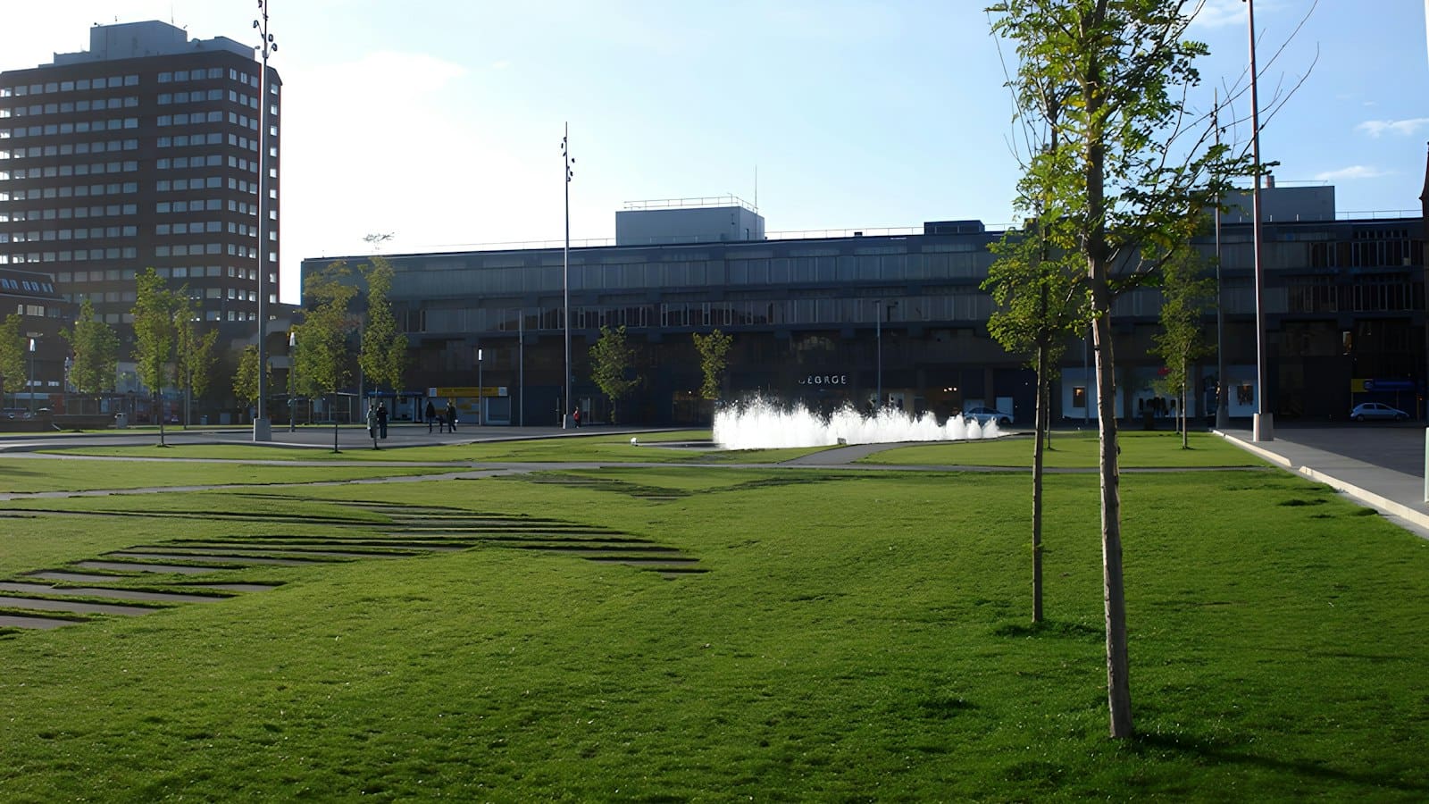 Centre Square in Middlesbrough town centre, with lawns and fountains