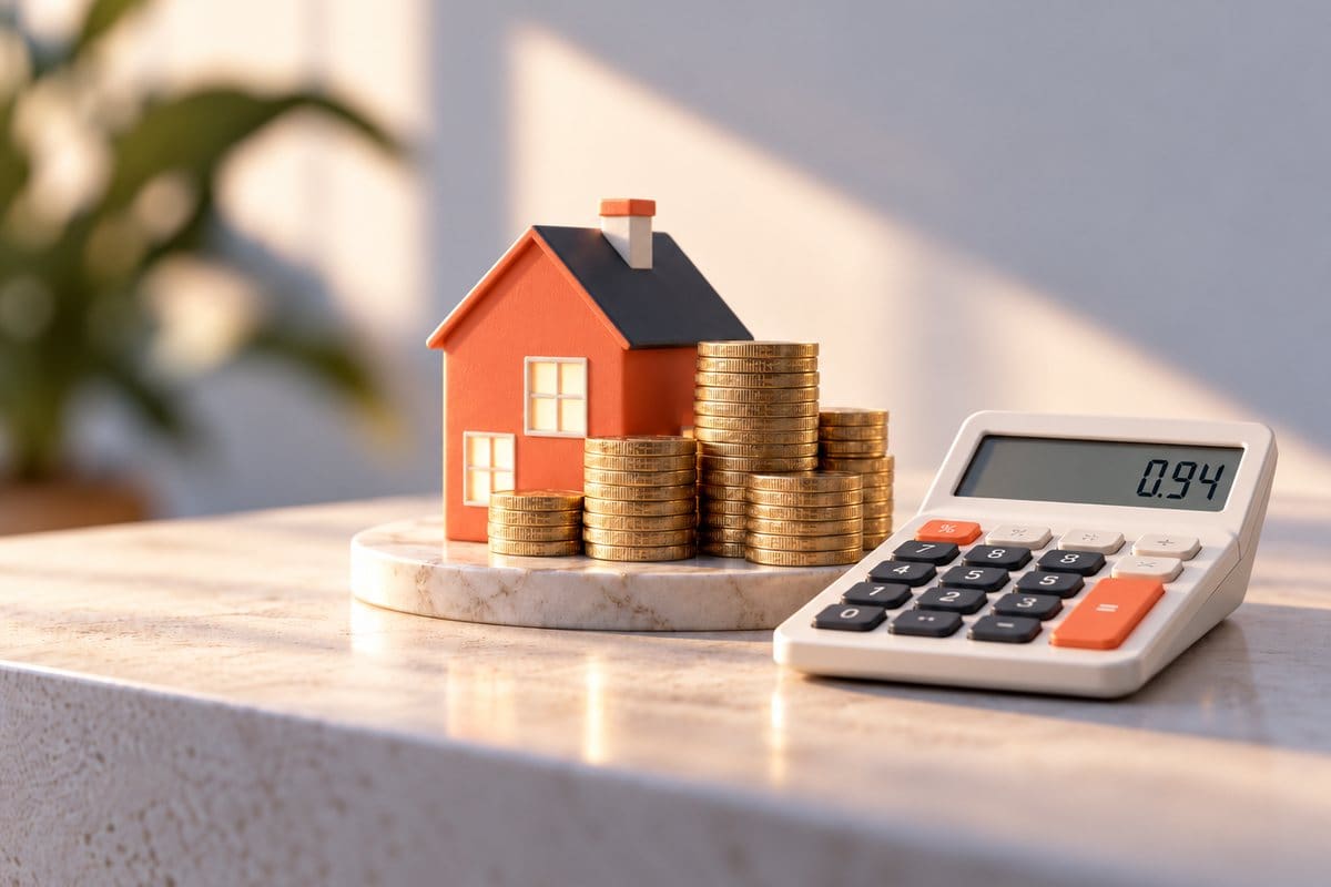 Model house beside stacks of coins and a calculator showing 0.94: sellers keep around 94p of every pound of the asking price