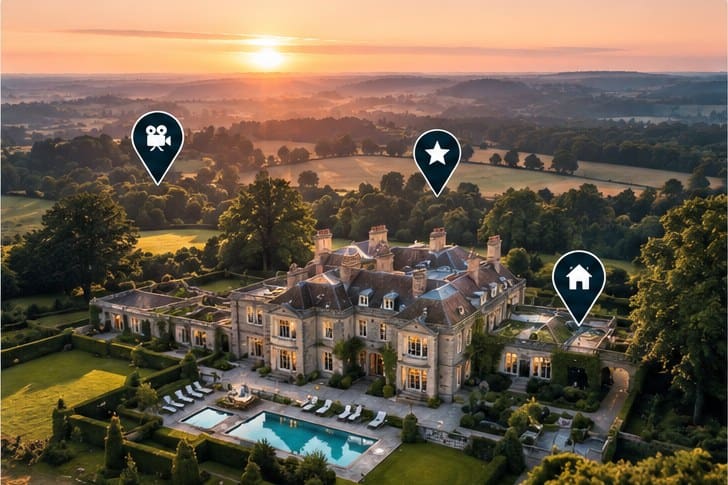 Aerial view of a grand country house at sunset with map pins marking film and TV locations