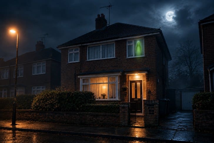 A brick semi-detached house at night with a glowing figure in an upstairs window