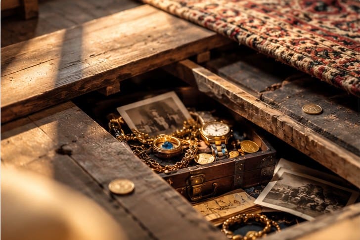 A lifted floorboard revealing a box of gold coins, jewellery and old photographs